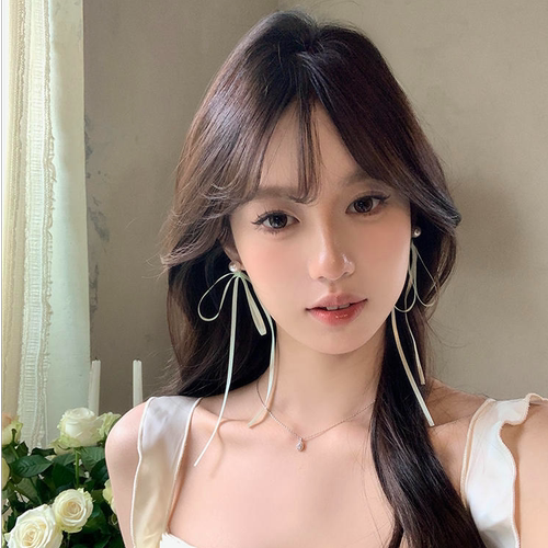 蜜桃茶】夏日芭蕾风长款仙气蝴蝶结丝带珠珠耳环独特甜美耳饰女