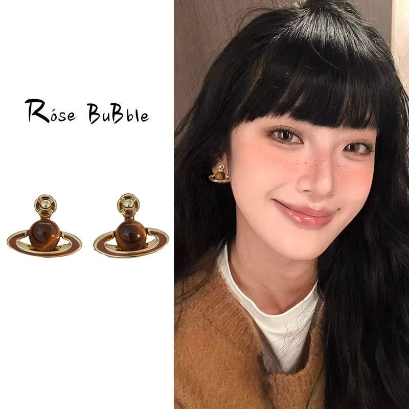 美拉德咖色系土星耳钉2025新款独特设计感耳环小众日常通勤耳饰