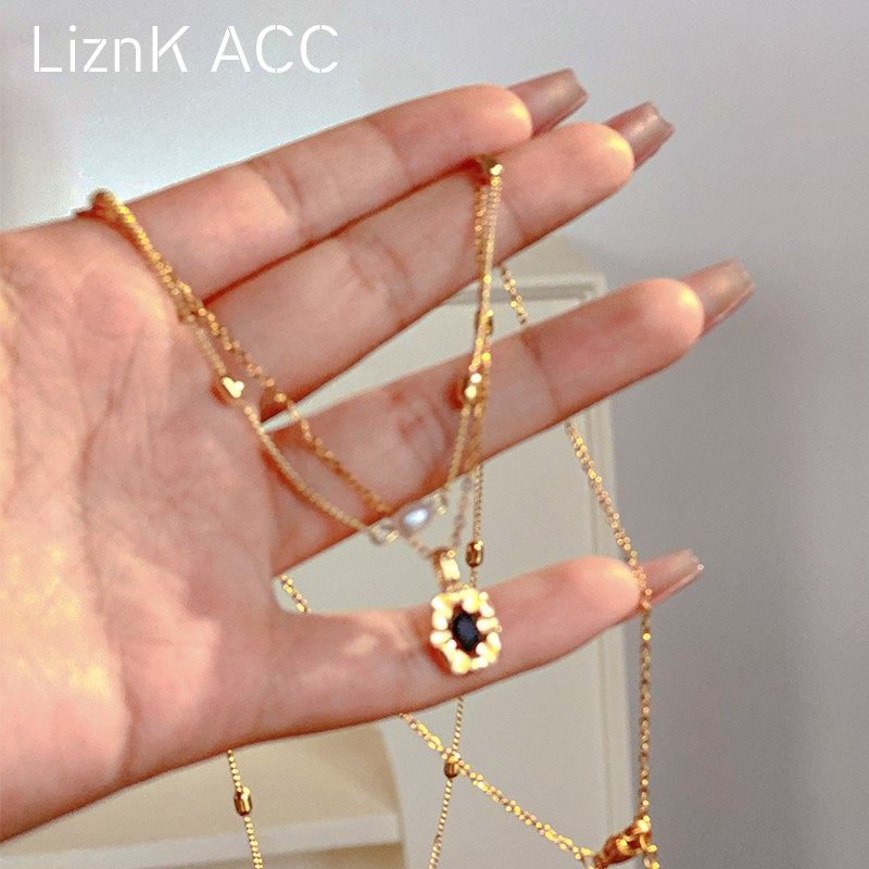 双层叠戴黑色锆石项链女轻奢小众复古气质锁骨链高级感颈链配饰