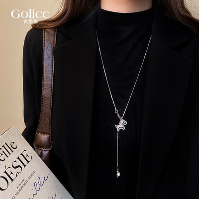 银色点钻小马吊坠长项链女秋冬大气高档高级感轻奢小众毛衣链配饰