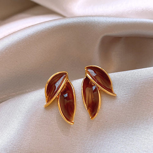 棕色滴釉落叶耳钉女2025新款雅丹风耳环复古轻奢高级感小众耳饰品