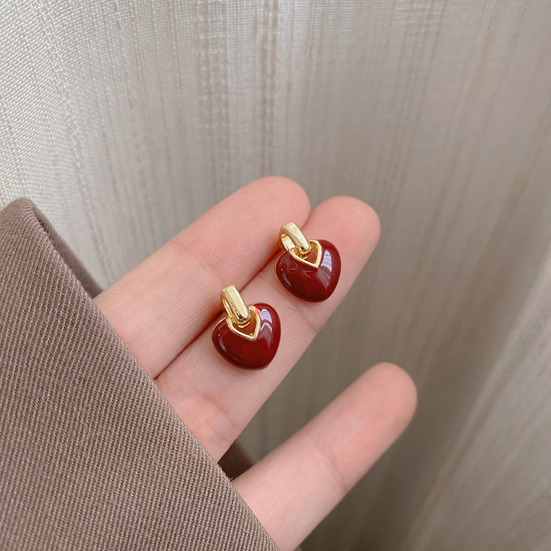 新年红色爱心耳环女滴釉纯银针耳钉2024新款爆款轻奢小众时尚耳饰