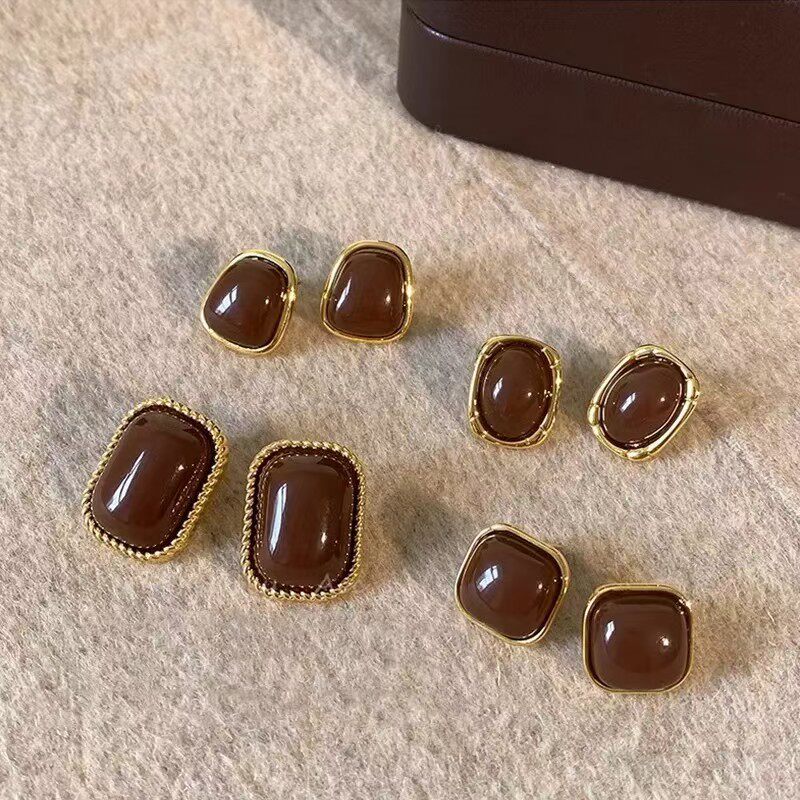 独特复古气质咖色滴釉耳钉女轻奢高级感耳环2025新款爆款小众耳饰