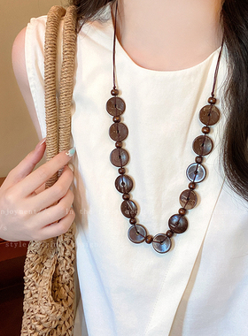 波西米亚民族风木质串珠项链女高级感轻奢小众百搭抽拉锁骨链配饰