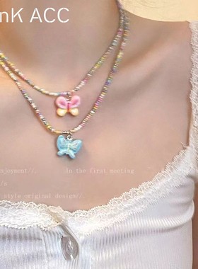 泫雅风_彩色串珠蝴蝶项链女夏季甜美气质配饰2024年新款锁骨链潮