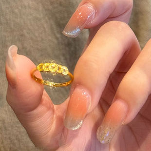 金色碎碎冰铜钱戒指新中式招财转运沙金五帝钱食指戒复古气质指环