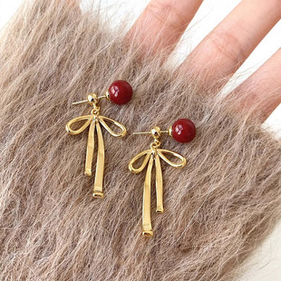 红色珍珠流苏蝴蝶结耳环新年过年耳钉女2025年新款轻奢高级感耳饰