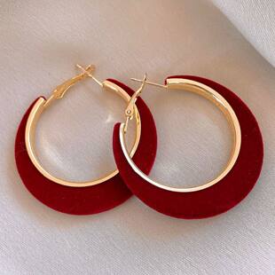 复古气质红色植绒圆形耳环轻奢高级感丝绒耳圈时尚性夸张耳饰百搭