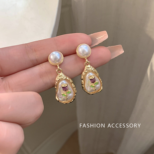 莫奈花园紫色油画风巴洛克珠珠耳环复古耳钉女轻奢高级感独特耳饰