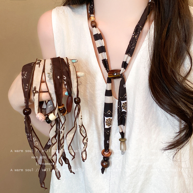 波西米亚民族风腰果丝巾布艺木珠项链女长款毛衣链挂脖配饰颈链