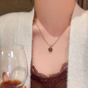 超有层次感!虎眼石吊坠项链女秋冬长款叠戴毛衣链轻奢高级感配饰