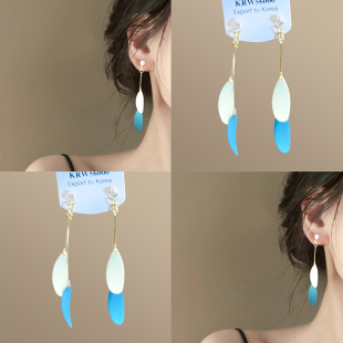 「等风来」蓝色长款叶子流苏耳环小清洗夏日精致小众度假耳钉耳环