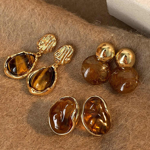 早秋咖色美拉德耳环女高级感焦糖色耳钉2024新款爆款耳坠气质耳饰