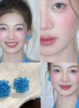 落日余晖_蓝色串珠编织绣球耳钉女2025新高级感耳环春日度假耳饰