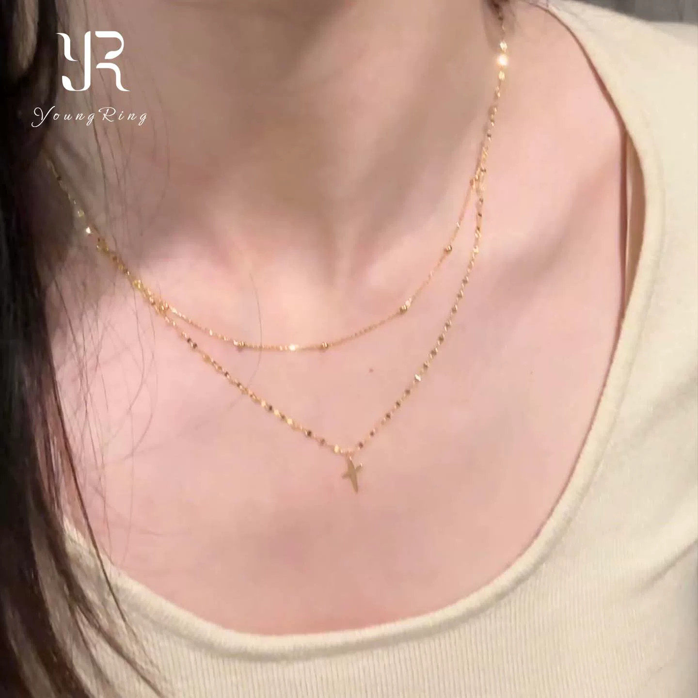轻奢ins风双层十字架金色项链女小众设计感简约叠戴锁骨链颈饰