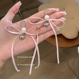 韩国小众ins少女缎带蝴蝶结爱心吊坠耳环 粉白丝带珠珠耳坠耳饰女