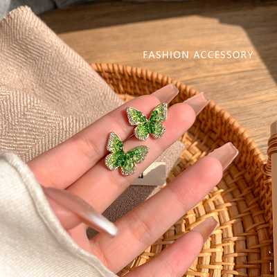 绿衣仙子 ~森系绿水晶蝴蝶耳钉小众设计高级感耳环轻奢精致耳饰女