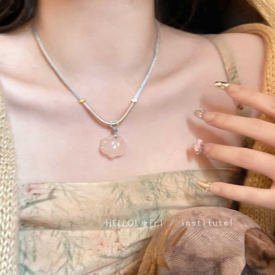 民族风莲花玉石吊坠项链女锁骨链小众设计感可调节抽拉编织绳颈链