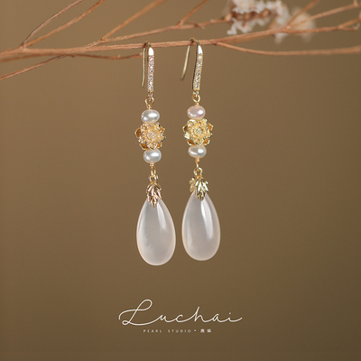 新中式莲花玉髓耳环2026新款爆款高级感古风耳坠女小众独特