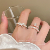 饰食指戒轻奢高级感叠戴指环 蝴蝶结珍珠串珠戒指女ins小众设计装