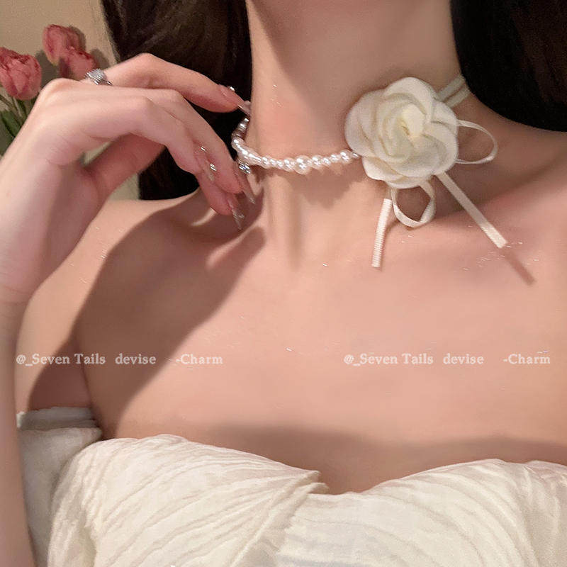 山茶花朵珠项链女choker锁骨链拼接轻奢小众系花颈链高级配饰