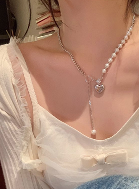 钛钢甜酷爱心珍珠项链女小众轻奢高级感锁骨链2025年新款爆款颈链