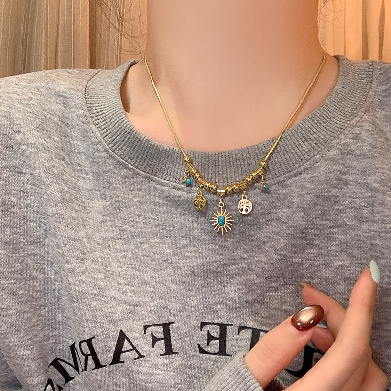 中古vintage太阳花项链女款轻奢小众配饰锁骨链八芒星吊坠毛衣链