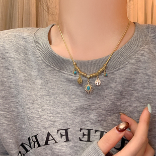 中古vintage太阳花项链女款轻奢小众配饰锁骨链八芒星吊坠毛衣链