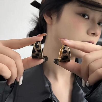复古几何宽边豹纹圆圈耳圈耳环女秋冬新款高级感夸张小众气质耳饰
