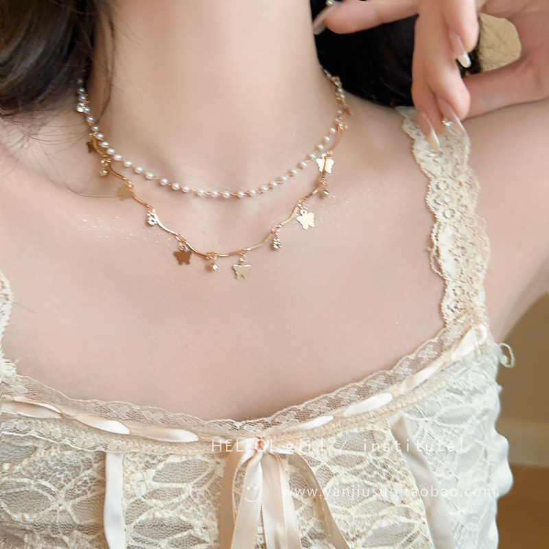 流苏蝴蝶珍珠项链女款2026新款双层叠戴颈链高级感小众配饰锁骨链
