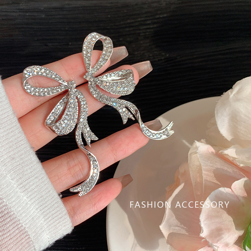 满钻飘带蝴蝶结耳钉女银针冷淡风耳环轻奢小众设计感高级感耳饰潮