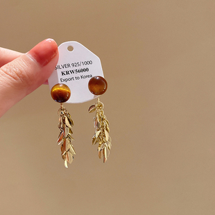金色羽翼~美拉德虎眼石麦穗流苏耳环女秋冬高级感耳钉方圆脸耳饰