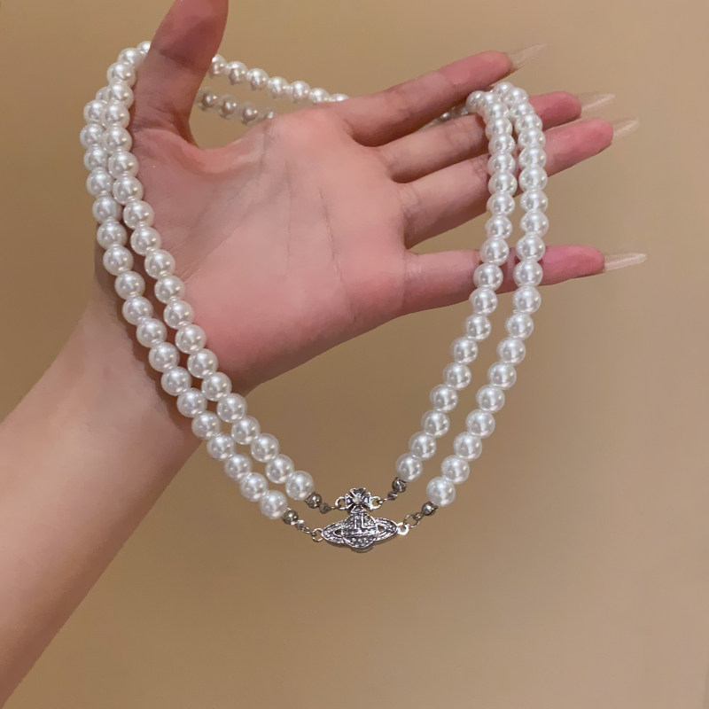 双层珍珠土星项链女秋轻奢叠戴choker颈链礼服配饰多层小众毛衣链图片