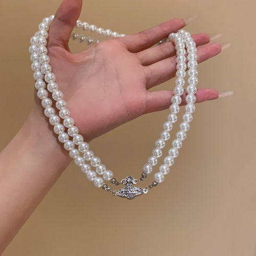 双层珍珠土星项链女秋轻奢叠戴choker颈链礼服配饰多层小众毛衣链