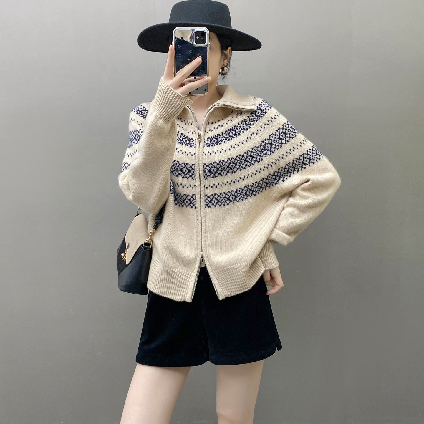 100纯山羊绒开衫女款2025新款加厚双开拉链外套宽松百搭翻领毛衣