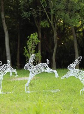 户外不锈钢镂空兔子雕塑园林售楼部草坪铁艺发光动物景观装饰摆件