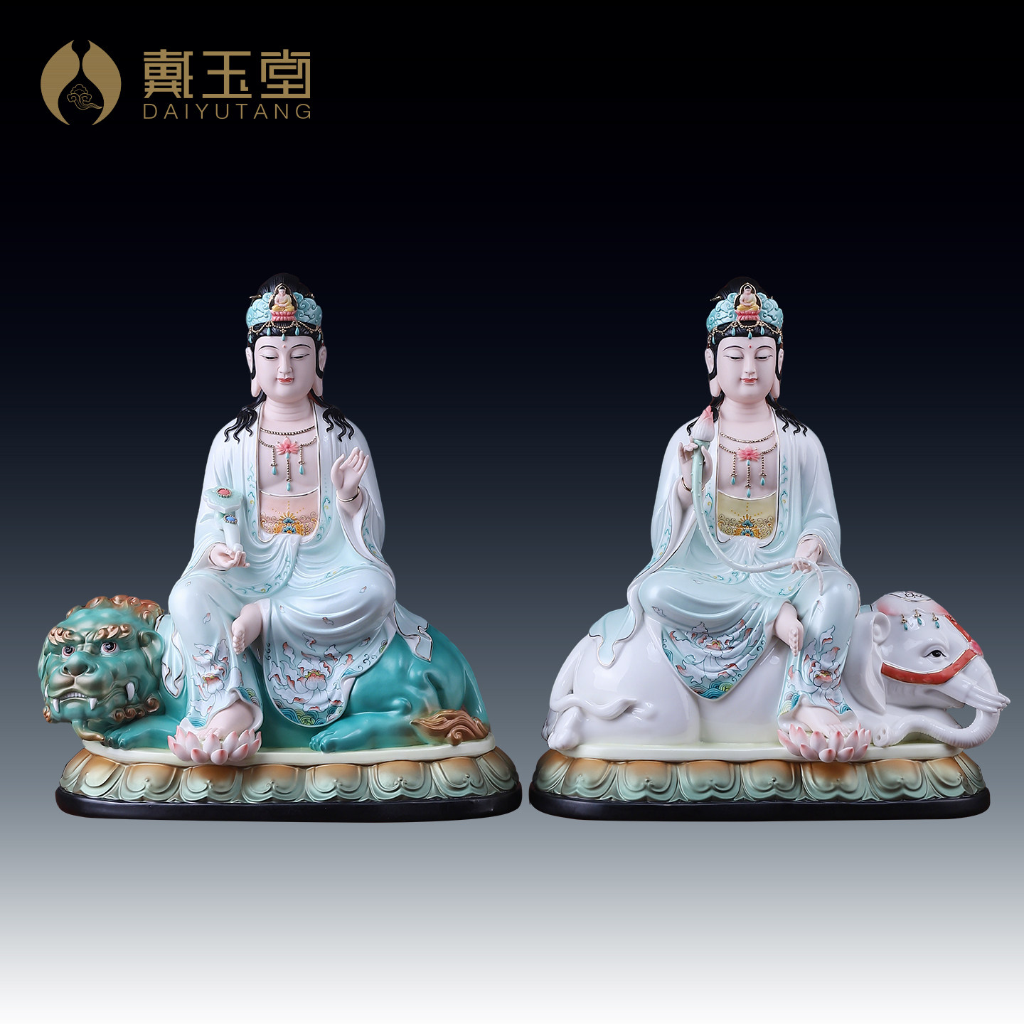 戴玉堂德化白瓷文殊菩萨普贤菩萨像供奉家用客厅书房佛像陶瓷摆件