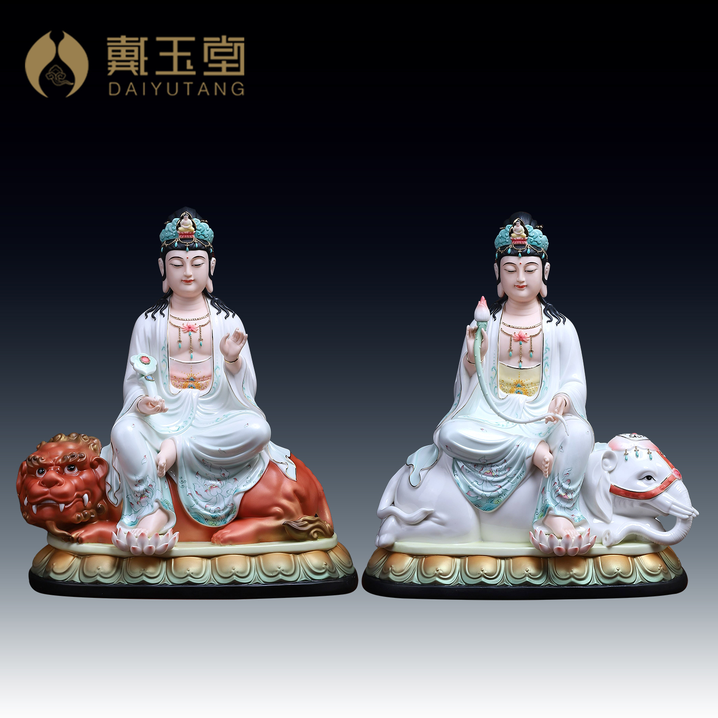 戴玉堂陶瓷文殊菩萨普贤菩萨像供奉家用书房文殊菩萨佛像收藏摆件