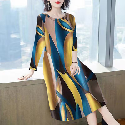 100%长袖连衣裙女冬中老年妈妈装春秋新款大码宽松遮肚时尚中长裙