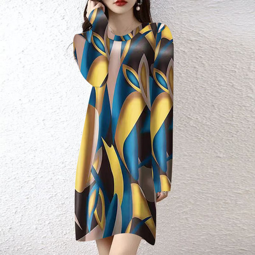 杭州重磅长袖花色裙女士中年妈妈装大码减龄春秋过膝中长款连衣裙