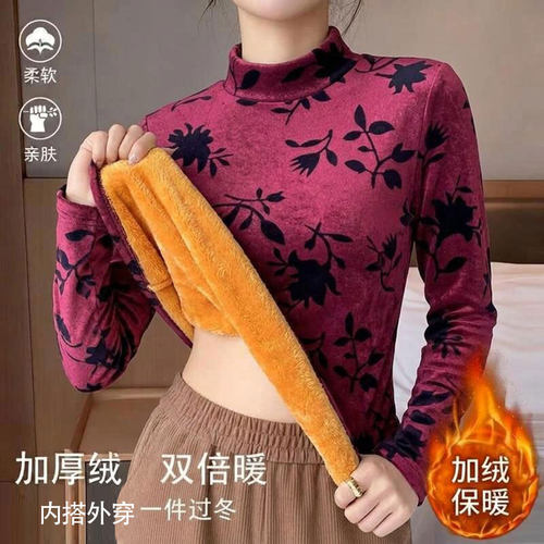 防寒保暖t恤女加绒秋冬新款妈妈时尚百搭洋气独特遮肚上衣打底衫