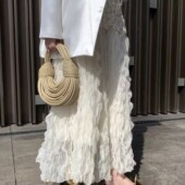 设计感小众中长款 大码 高腰显瘦半身裙女春夏新款 褶皱网纱a字长裙