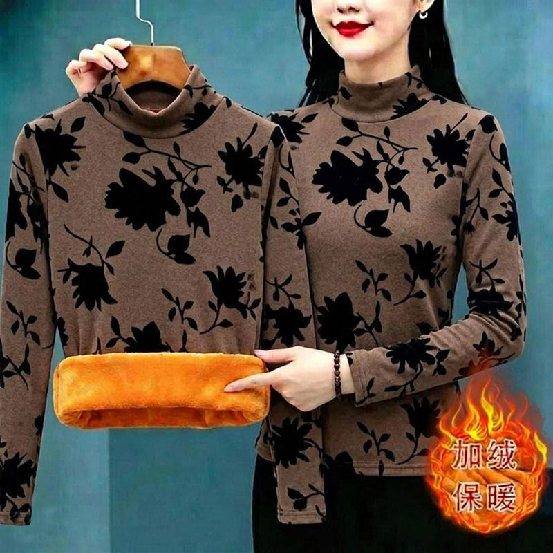 加绒半高领打底衫女士外穿复古秋冬新款时尚洋气百搭显瘦上衣T恤