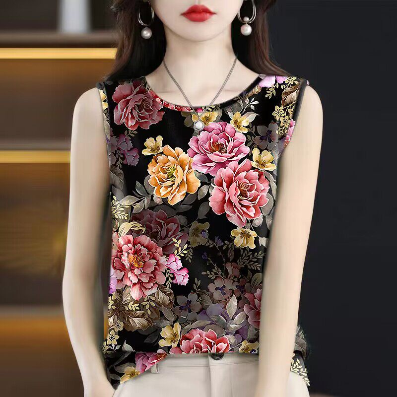 碎花大码背心打底衫女夏季外穿内搭宽松印花无袖时尚显瘦T恤女潮