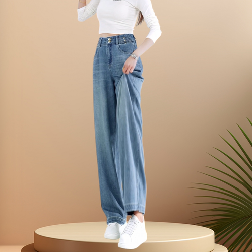 三扣超高腰直筒牛仔裤女夏季薄款