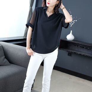 2026夏季新款打底上衣遮肚大码女装韩版衬衣女雪纺衫黑色短袖v领