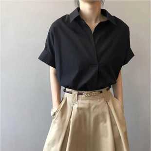 簡約小眾襯衣半袖 2024法式 上衣 薄款 女夏季 復古黑色寬松短袖 襯衫
