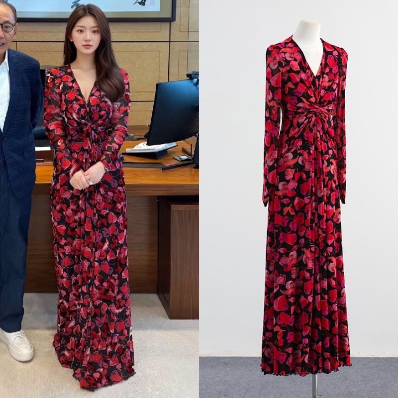 [现货]李湘同款碎花修身连衣裙红色花瓣弹力网纱V领长款裙子
