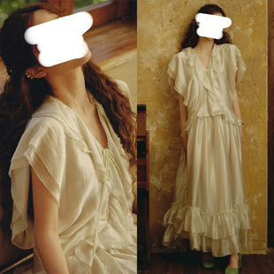 [每日上新]欧阳娜娜款轻奢小众时尚减龄荷叶边系带法式风连衣裙女
