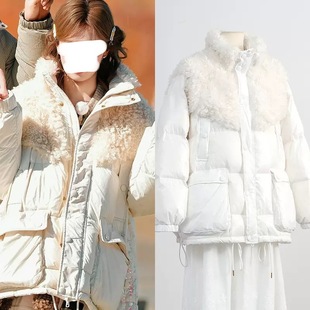 [现货]白鹿同款羊羔毛拼接羽绒服时尚宽松加厚保暖冬装女外套